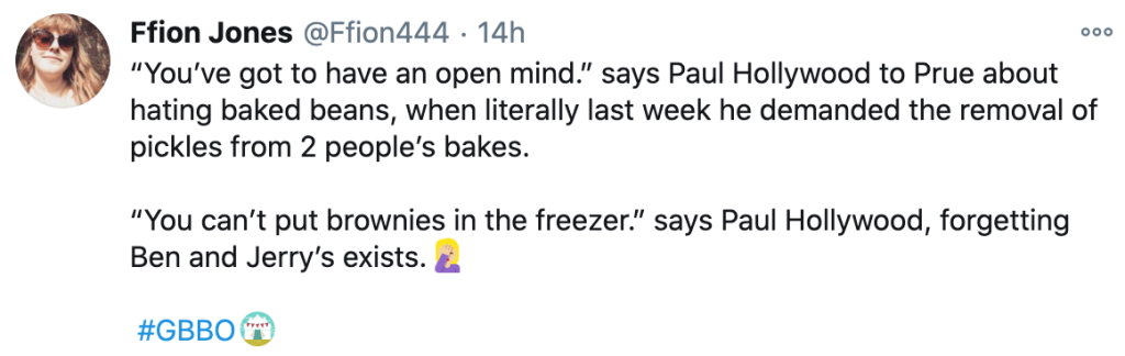 Tweet about Paul Hollywood on the Great British Bake Off