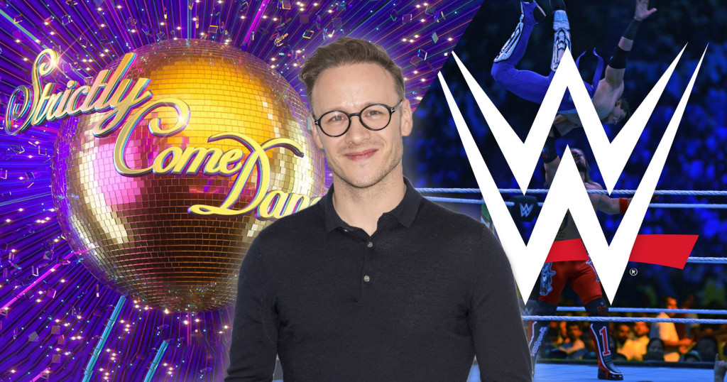Strictly Come Dancing star Kevin Clifton with glitterball and WWE logos