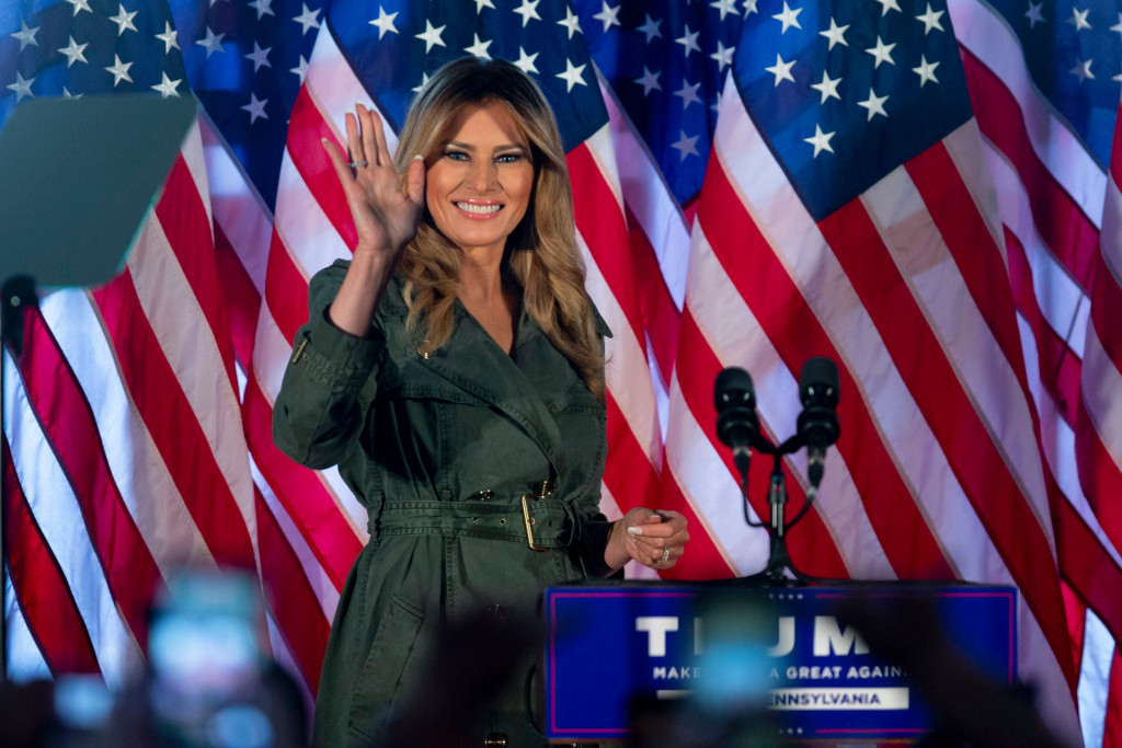First lady Melania Trump arrives to speak at a campaign rally on Tuesday, Oct. 27, 2020, in Atglen, Pa. (AP Photo/Laurence Kesterson)