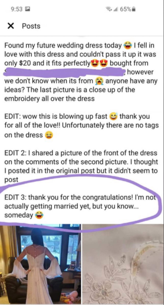 Picture: That's it, I'm wedding shaming/ Facebook Bargain wedding dress so 'perfect', woman bought it despite not getting married