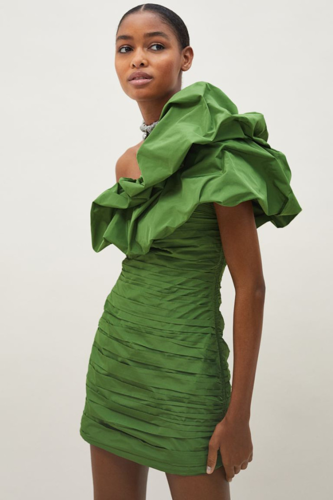 One shoulder green taffeta dress from H&M Conscious Collection